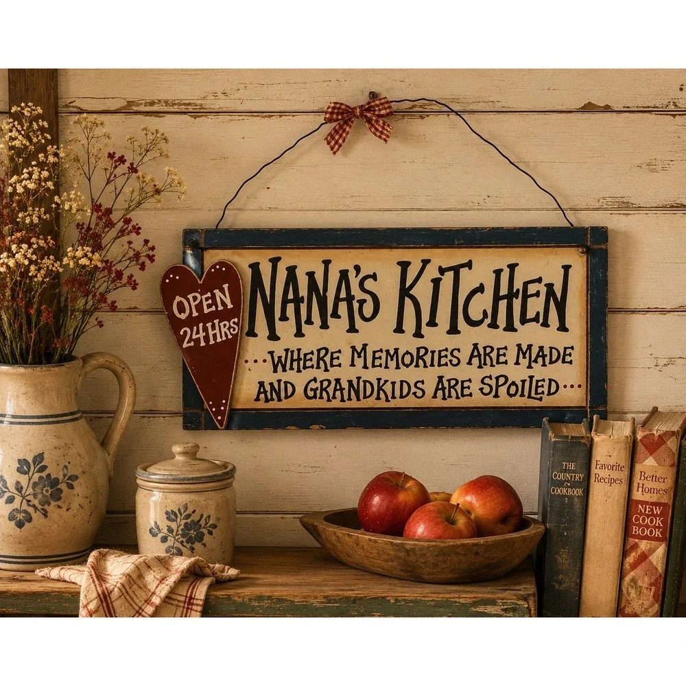 Nana's Kitchen Rustic Wood Wall Sign Primitive Farmhouse‎ Decor Heart Gingham